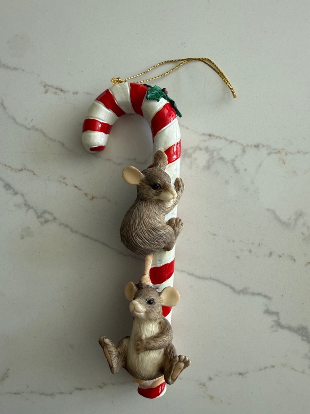 Candy Cane Ornament with Two Mice - Red & White Holiday Decor
